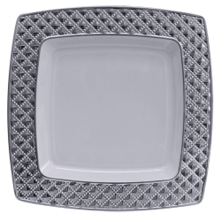 Diamond - 10 Elegant White/Silver Square Dinner Plates 24cm / 9.5inch