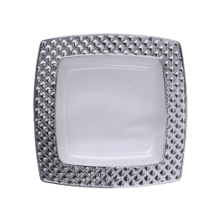 Diamond - 10 Elegant Transparent/Silver Square Dessert Plates 16cm / 6inch